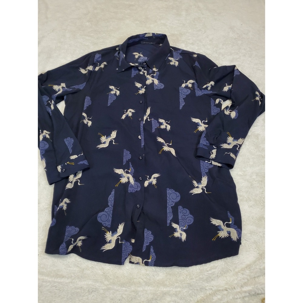 T Tahari Navy Blue Crane Artsy Long Sleeve Blouse Top XL Dopamine Statement Bold